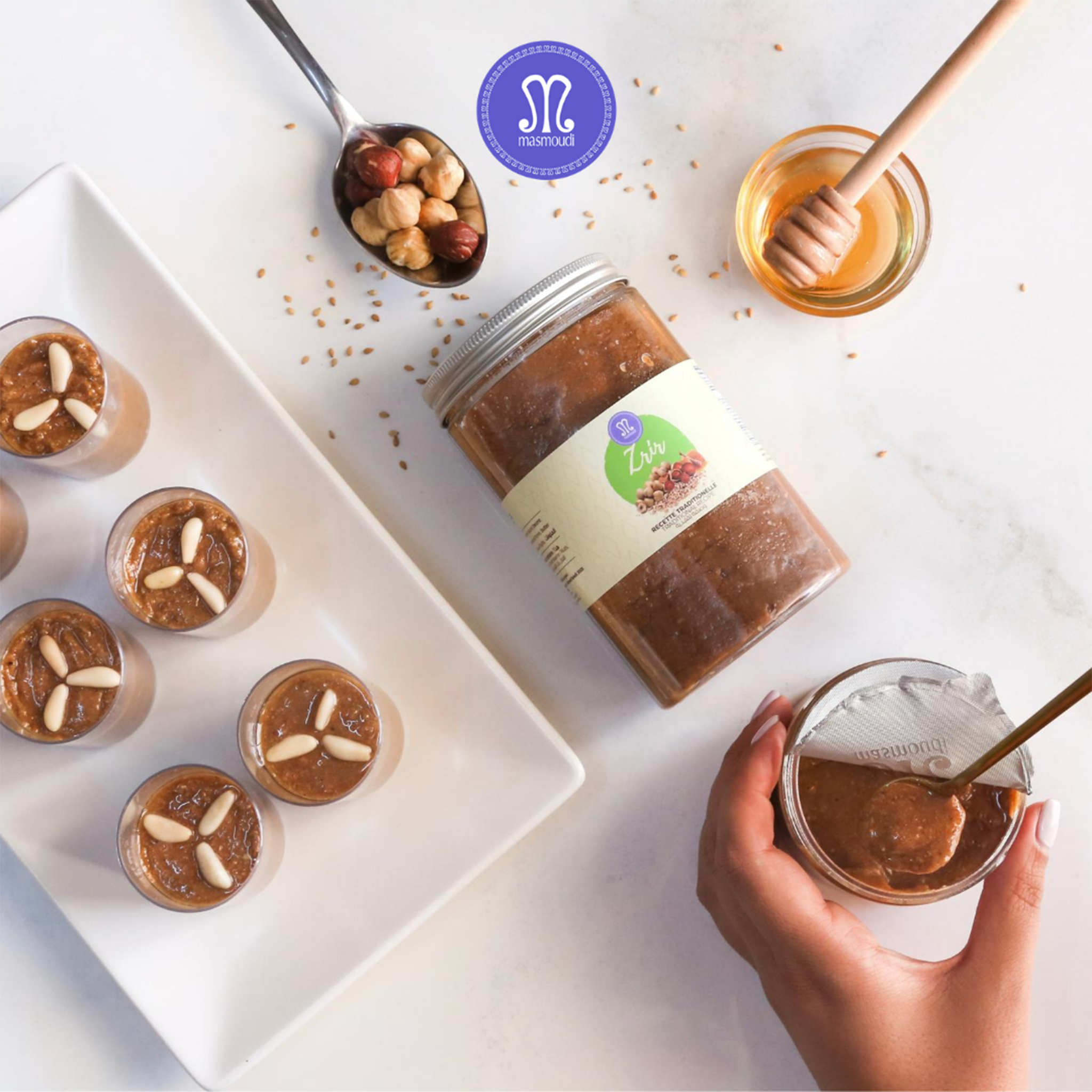 Tunisian zrir nut and sesame spread in jar or bowl 400g